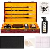 Corciosy Chinese Calligraphy Set Japanese Calligraphy Kit for Beginners-Red | 4 Brushes,Ink Stick Stone ,120g Ink,30 Papers,Porcelain Bowl, Brush Holder, Reusable Water Writing Cloth,Black Felt Mat