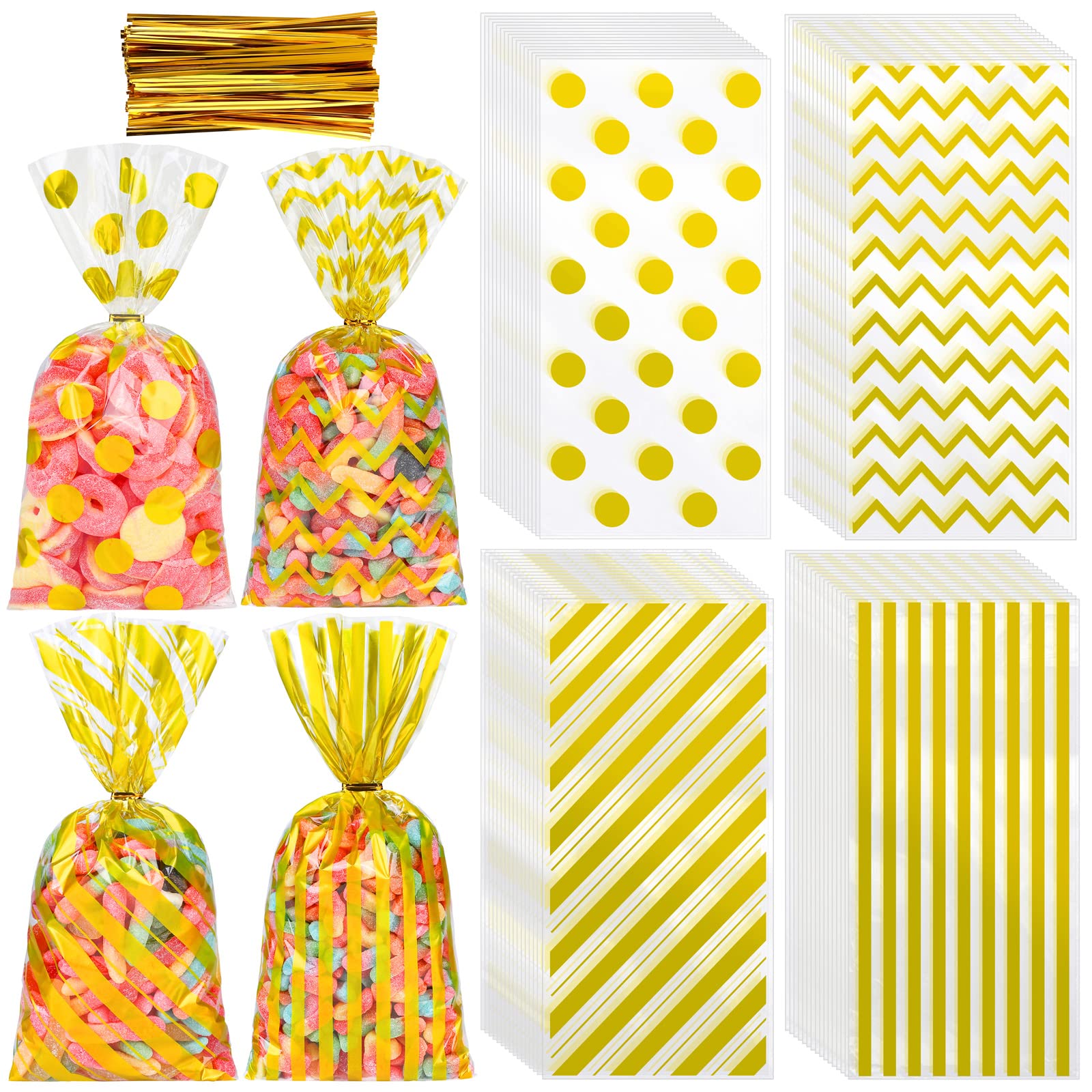 Aodaer Gold Cellophane Bags Plastic Candy Bags Cellophane Treat Bags Goodie Gift Bags with Twist Ties for Birthday, Baby Showers, Weddings Party