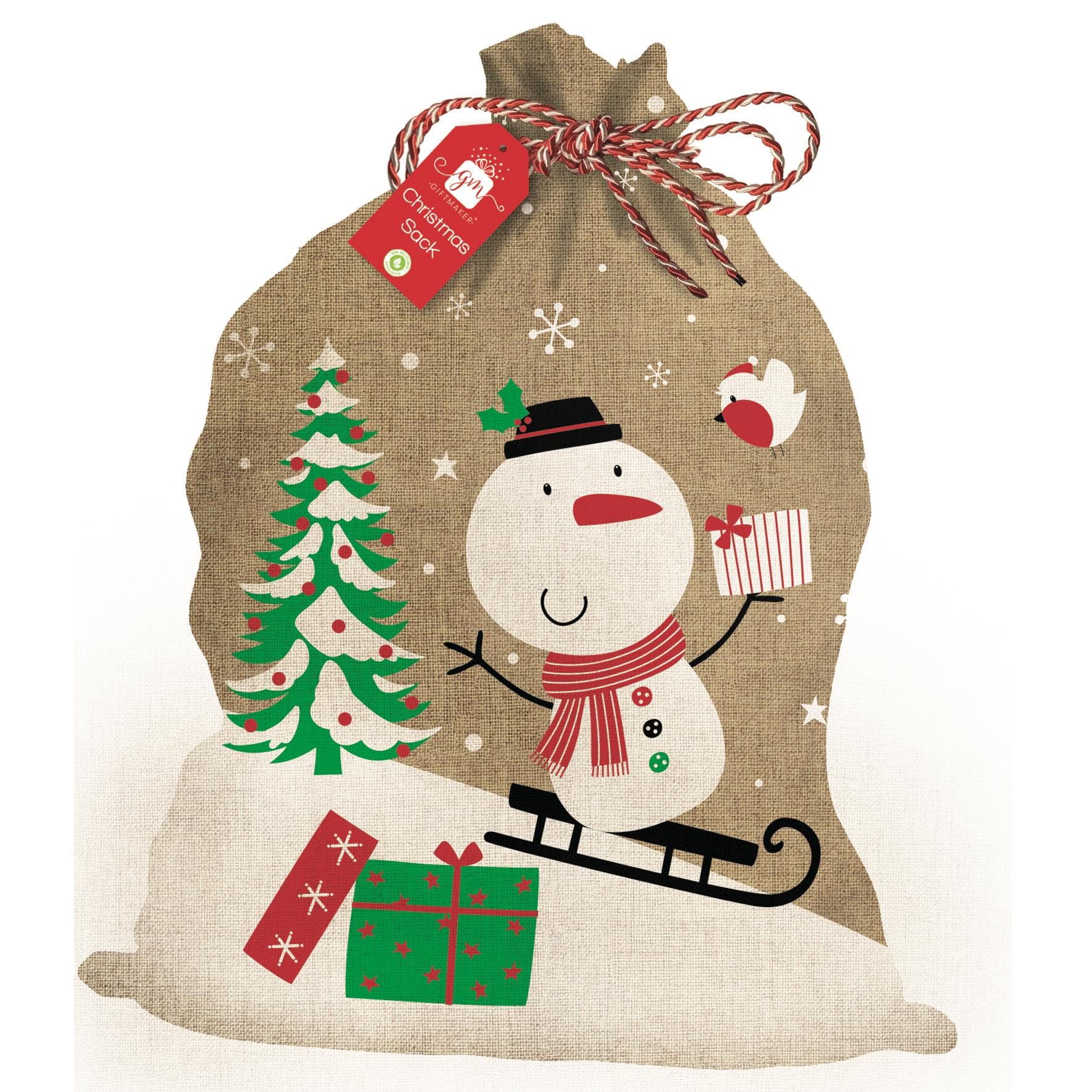 Giftmaker Christmas Santa's Sack Childrens Presents Large Brown Calico Bag Snowman Design
