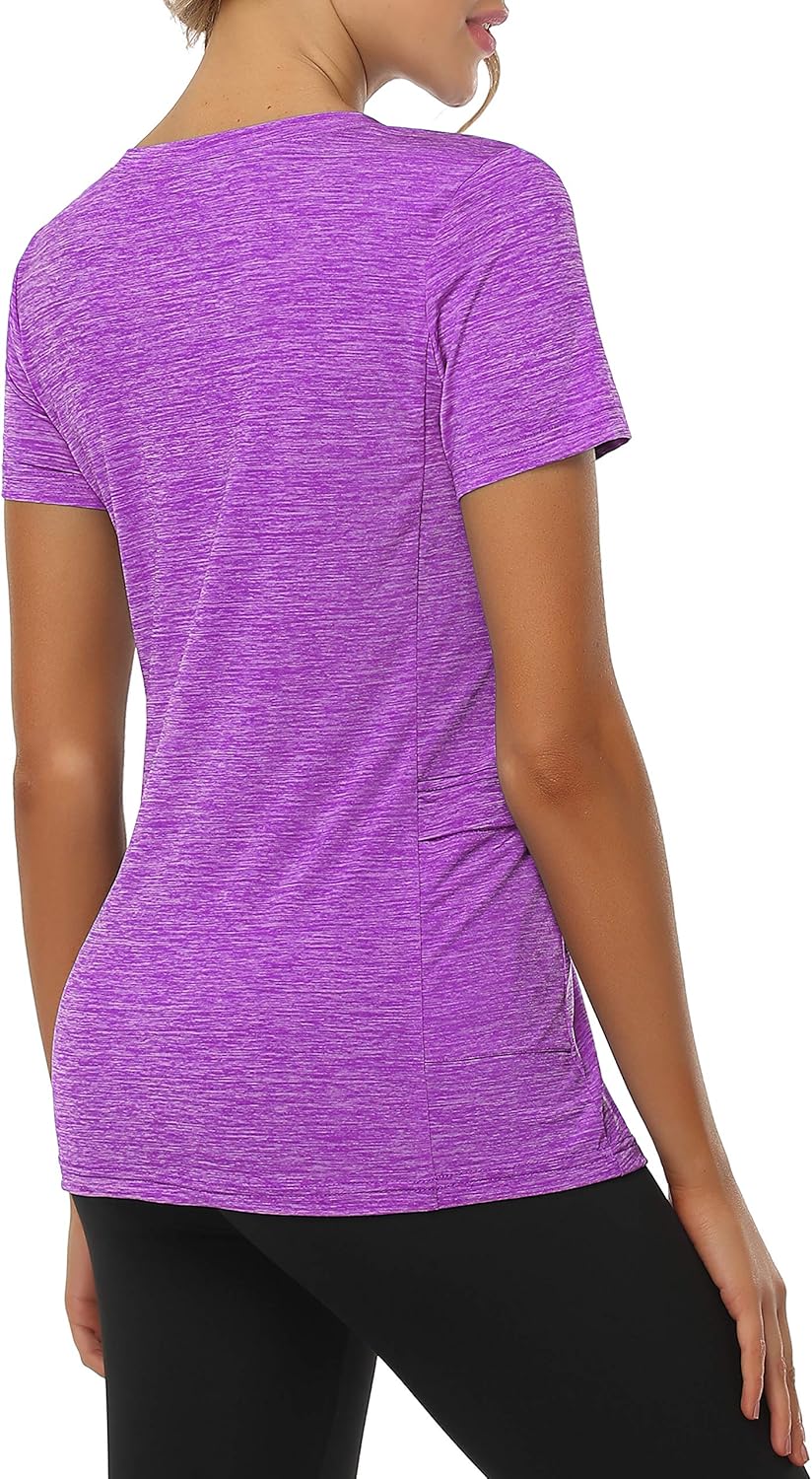 Women's V Neck Workout Top with Pocket Short Sleeve Dry Fit Active Running Hiking Shirt: Clothing