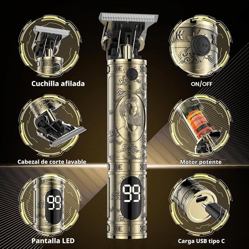 Maquina de Cortar Pelo Hombre, Maquina de Afeitar Hombre Eléctrica con LED Cortapelos Recortar Barba Sin Cable Maquinilla de Afeitar Cortar Pelo Para el Hogar y el Salón (Bronce) — foto 4 de 7