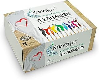 Krevo Art Stoffmalfarben Textilfarben WASCHFEST | Set aus 12 x 20ml Stofffarben in Fläschchen | Zum bemalen von verschiedenen Textilien