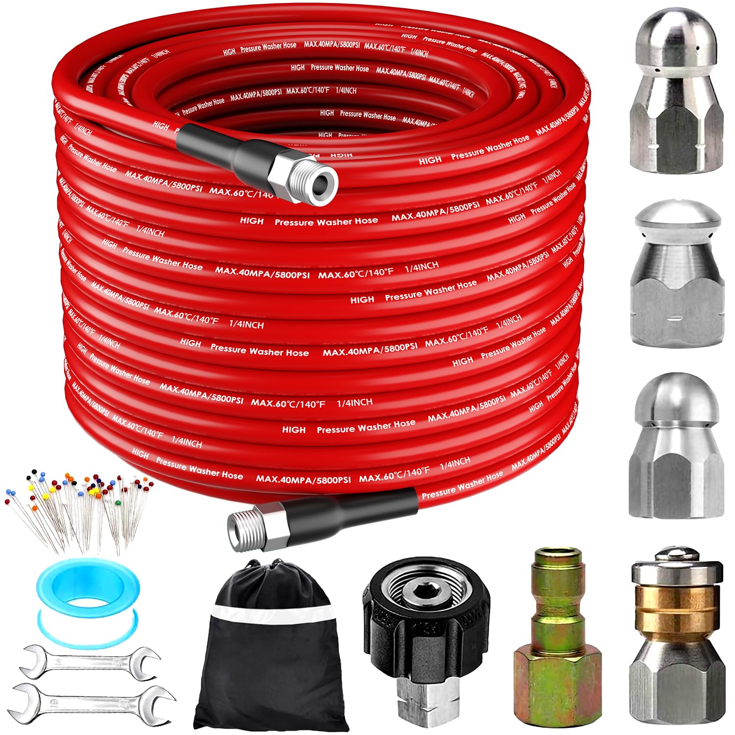 Photo 1 of 100FT Sewer Jetter Kit for Pressure Washer, 5800PSI Drain Cleaner Hose 1/4 Inch NPT Corner, Rotating Button Nose Sewer Jetting Drain Jetter Hose Nozzle Pearl Corsage Pin Spanners, Red