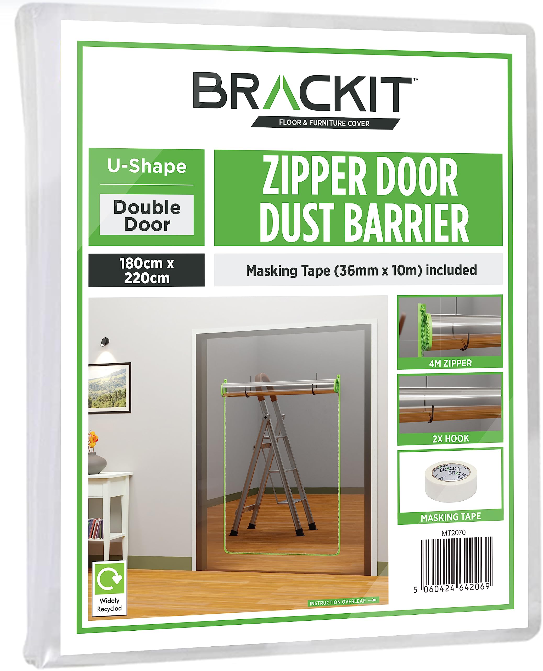 brackit U Shape Zipper Door dust Sheet with pre-Assembled 4.5m Zipper. 180cm x 220cm. with Masking Tape 36mm x 10m