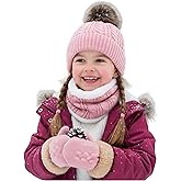 Kids Winter Hat Scarf Gloves Set - Thermal Fleece Lined Beanie with Pompoms, Soft Mittens & Neck Warmer for Boys Girls 1-12