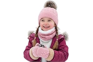 FENELY Kids Winter Hat Scarf Gloves Set - Thermal Fleece Lined Beanie with Pompoms, Soft Mittens & Neck Warmer for Boys Girls 1-12