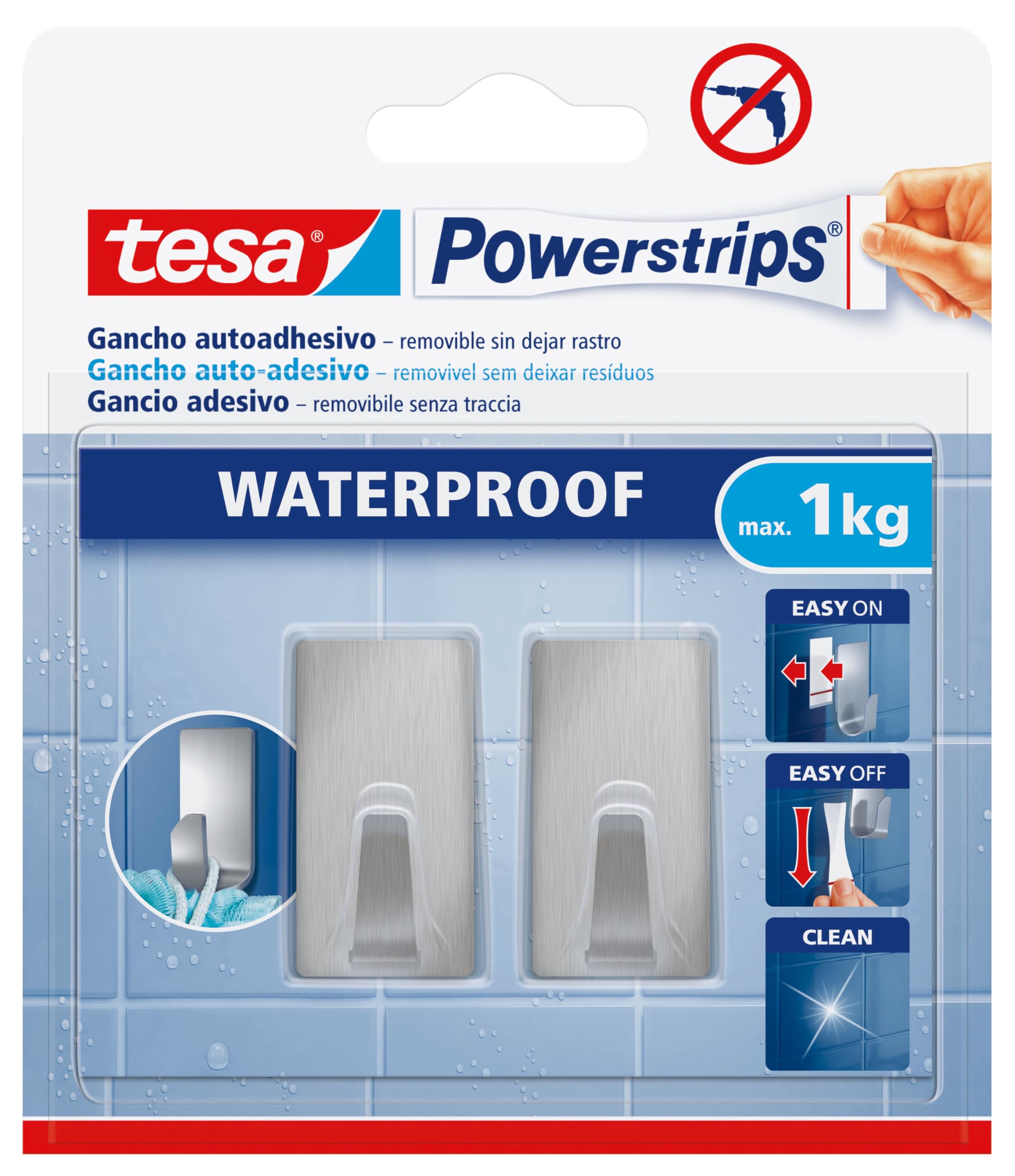 Tesa Powerstrips Hook Waterproof S Metal Square - Self-Adhesive Wall Hooks for Kitchen and Bath, Large - Hand Towel Hooks Made of Stainless Steel, Silver Matt - Load Capacity up to 1 kg, Pack of 2