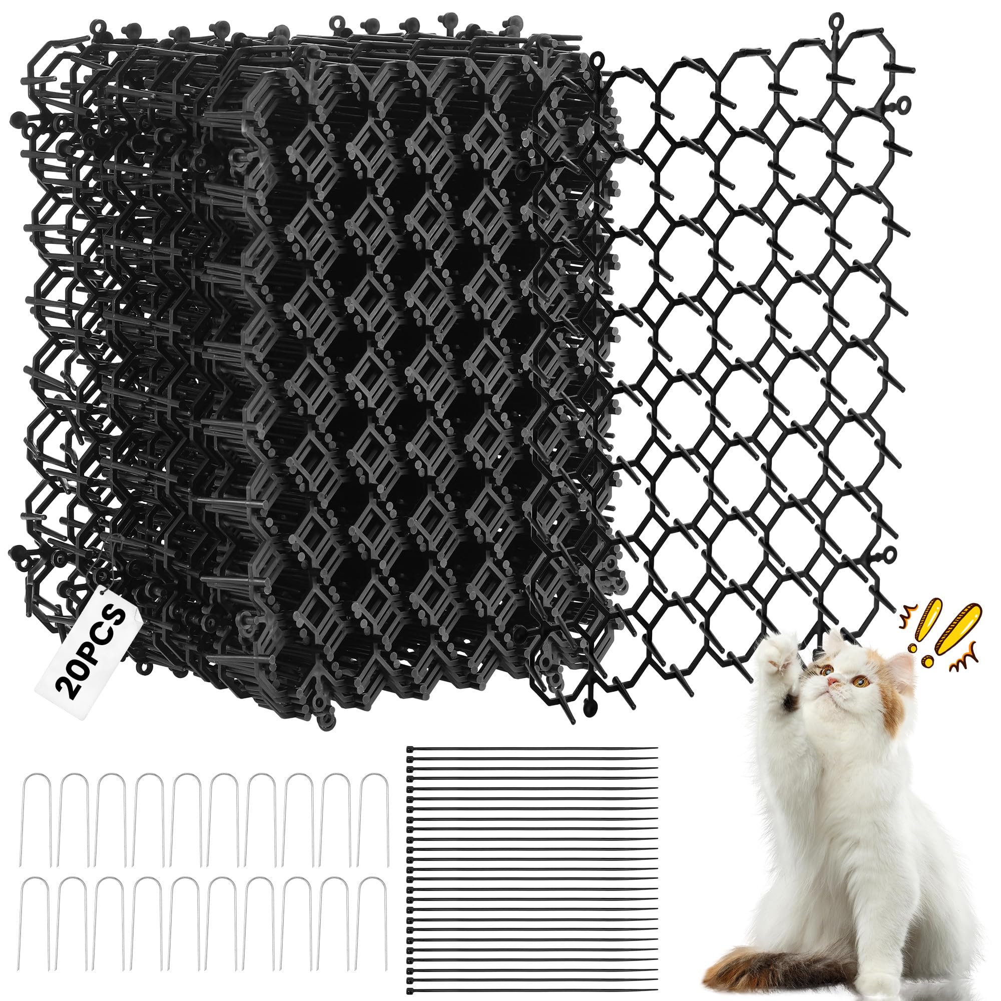 Yimomoyi 20Pcs 15x20cm Anti Cat Spikes Plastic Scat Mat with Repellent Mats Prickle Stirp Pet Deterrent Net 20 U-shaped Pegs and 25 Ties, Cat Repellent Mats Cat Spikes for Garden, Fence