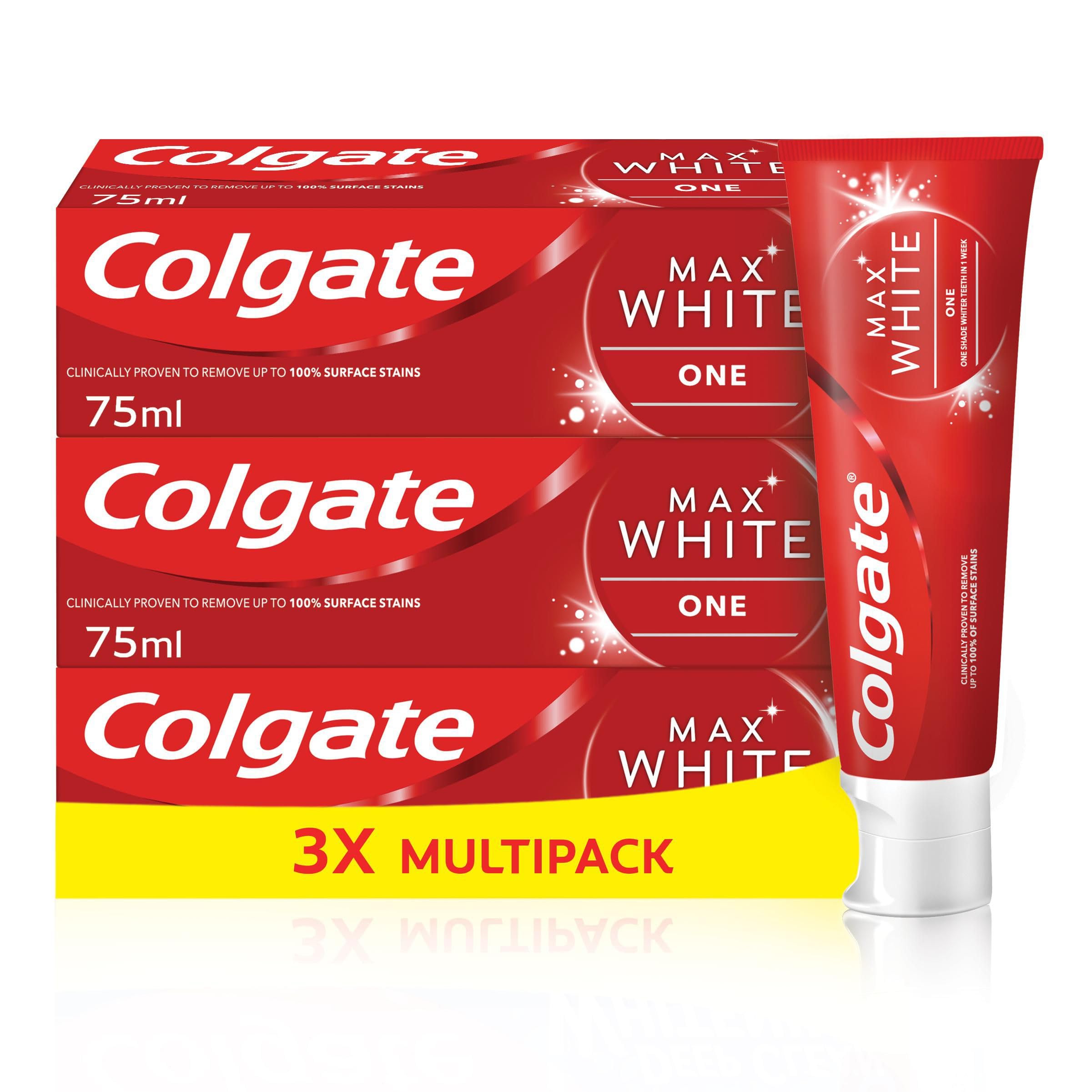 Colgate Max White One Toothpaste 3 X 75ml - Teeth Whitening Toothpaste - Clinically Proven Formula - Removes up to 100% of Surface Stains - Contains Whitening Accelerators - 1 Shade Whiter in 1 Week