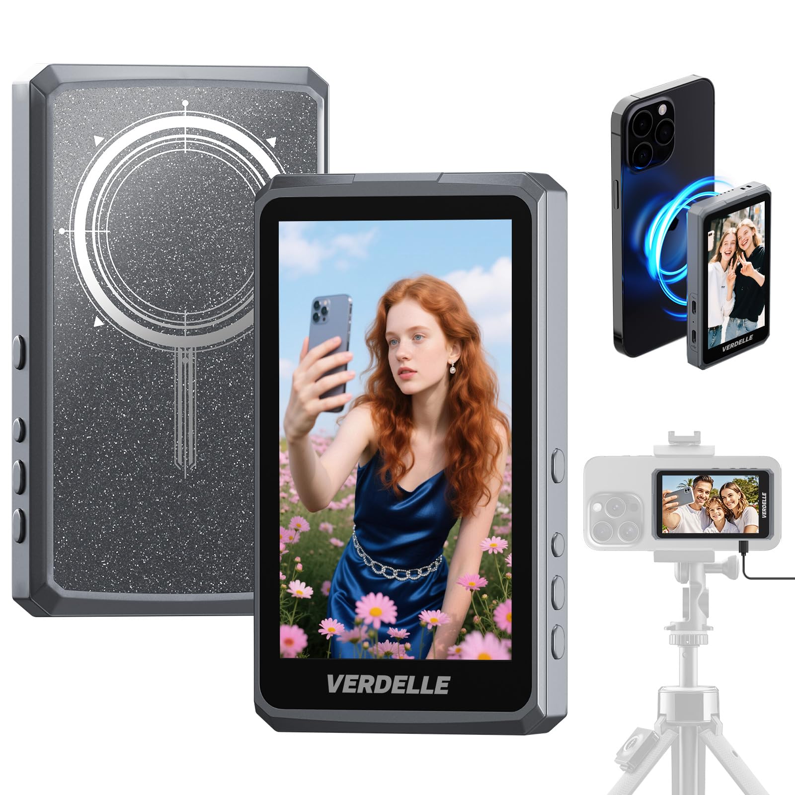 Photo 1 of Vlog Selfie Monitor Screen for Phone, Wireless Magnetic Back Camera Monitor for iPhone Android, Support 4K 30fps Wired Recording, Using Phone Rear Camera for Selfie Vlog Live Stream TikTok (Grey)