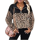 BEAUDRM Women's Plus Size Leopard Sweatshirt Quarter Zip Collared Long Sleeve Cheetah Fuzzy Pullover Top