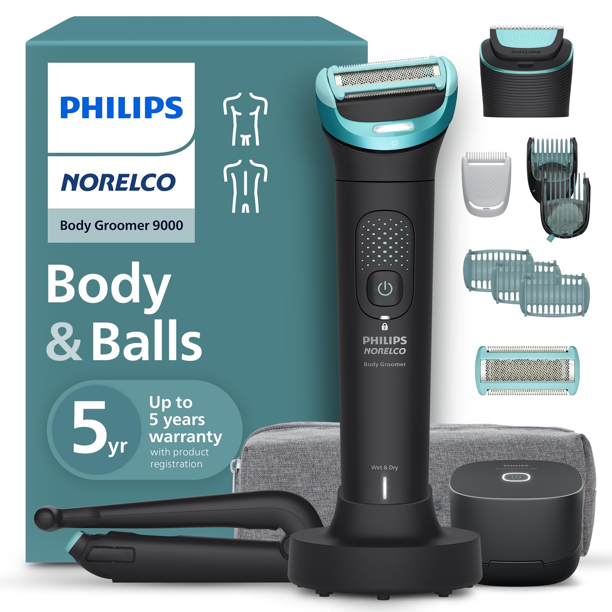 Photo 1 of Philips Norelco Body Groomer 9000 Series, Intimate Trimmer for Bi-directional Use & Waterproof Wet Dry Body Shaver System with Foldable Back Attachment & UV Cube Cleaner, BG9485/50