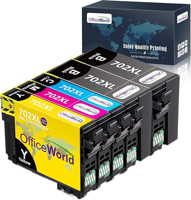 OfficeWorld Remanufactured Ink Cartridege Replacement for Epson 702 XL 702XL Used for Workforce Pro WF-3720 WF-3730 WF-3733 All-in-One Printer, 5 Pack (2 Black, 1 Cyan, 1 Magenta, 1 Yellow)