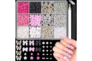QUBCCUM 3D Nail Charms and Gems, 20PCS Chunky Butterfly Charms + 60PCS Nail Bows in 2 Styles + 1400Pcs 3D Flowers with Crystals, Pearls, Diamonds, and Pickup Pencil and Tweezers Tools for Nail Decor