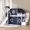 Merax Low Loft Bed Twin Size with Slide and Storage Stairs, Wood Loft Bed with Tent & Tower, for Boys & Girls, Blue