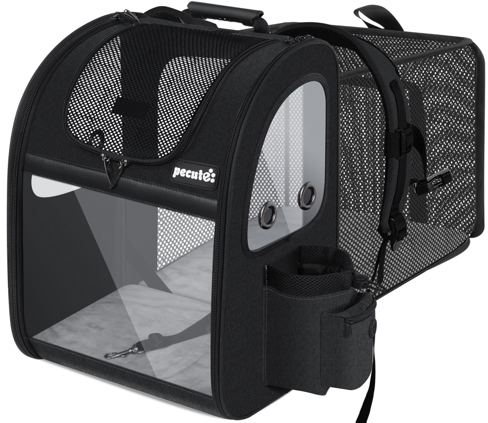 Pecute Pet Carrier Backpack Expandable, Portable Breathable Rucksack with Mesh Opening-Visible Acrylic-Safety Belt-Pockets, Extendable Back More Space Great For Carrying Puppy Cats (Black)
