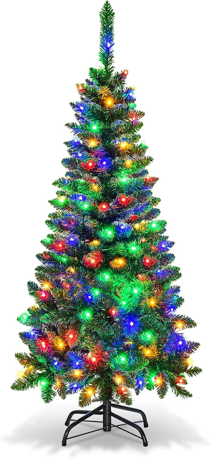 Trees - Goplus 4.5FT Prelit Pencil Christmas Tree, Premium Hinged Fir Tree, with 150 LED Lights and Solid Metal Stand, Easy Assemble, Ideal Xmas Decor for Home and Office
