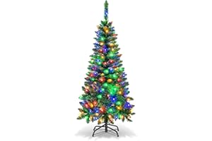 Goplus 4.5FT Prelit Pencil Christmas Tree, Premium Hinged Fir Tree, with 150 LED Lights and Solid Metal Stand, Easy Assemble, Ideal Xmas Decor for Home and Office