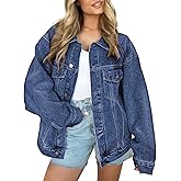 AUTOMET Women's Oversized Jeans Jacket, Classic Button Down Denim Jacket with Chest Pockets, Loose Fit Boyfriend Style Coat