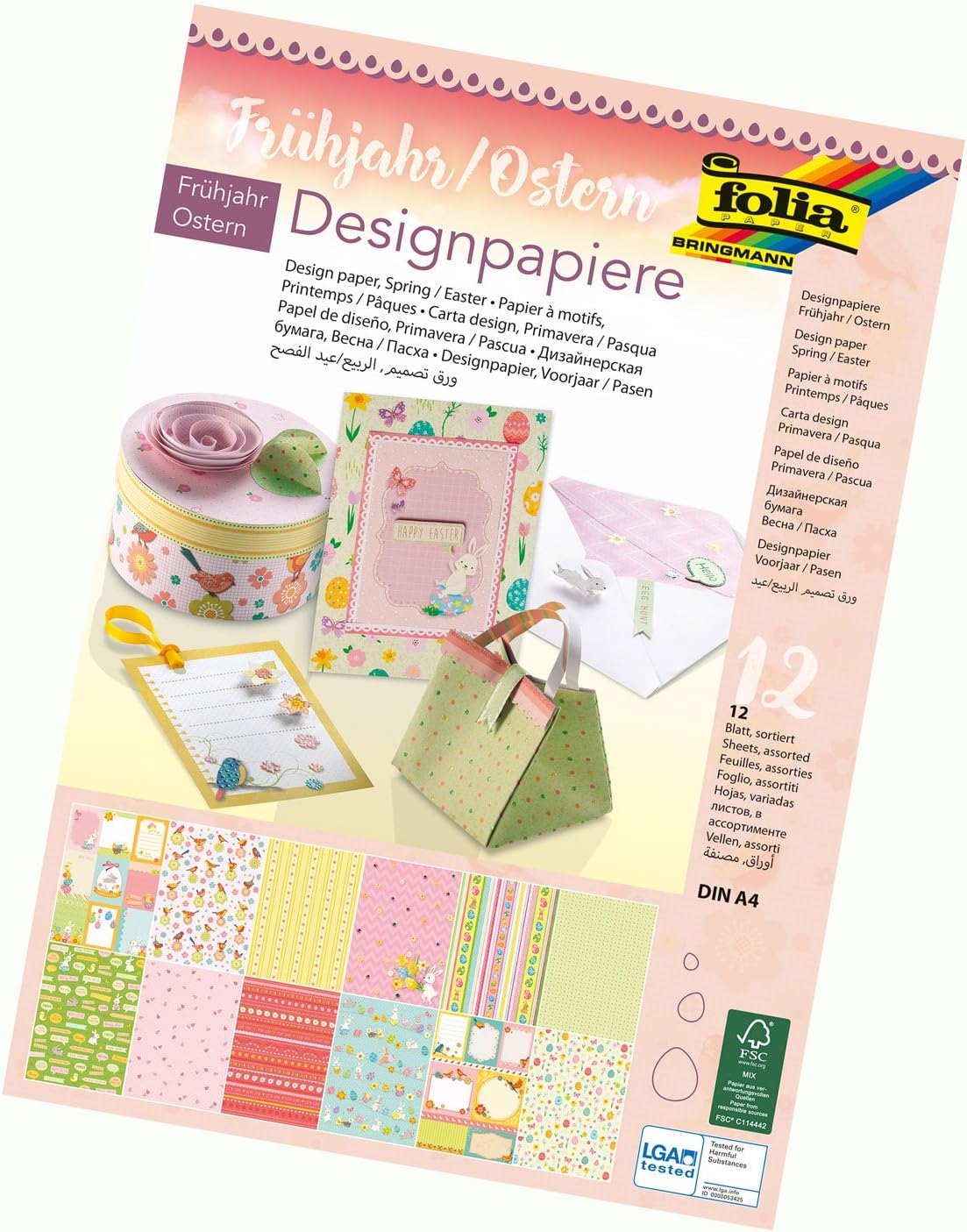 folia 11749 Design Paper Pad Spring/Easter DIN A4 165 g/m² 12 Sheets Illustrated Paper with Glitter Application
