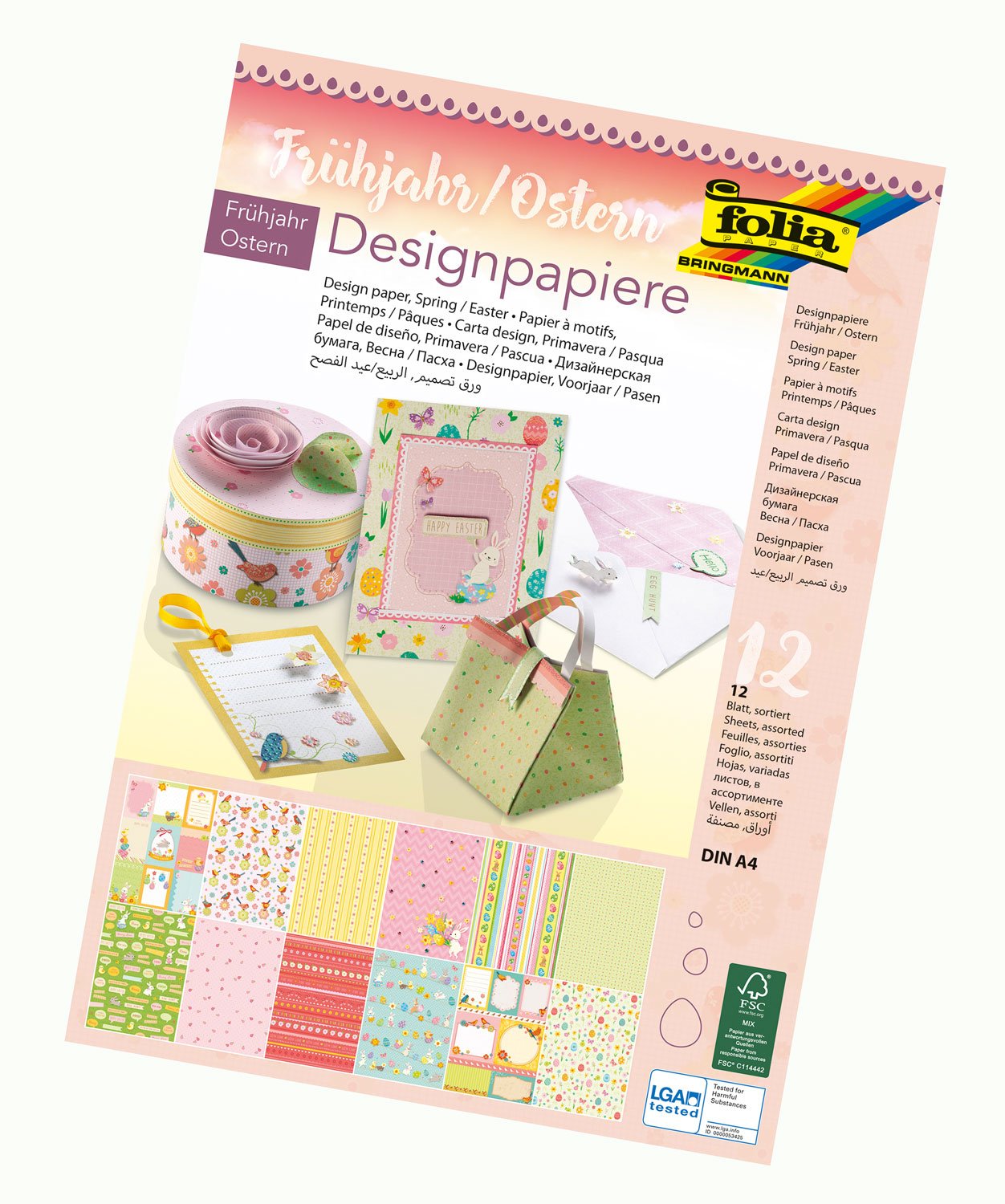 folia 11749 Design Paper Pad Spring/Easter DIN A4 165 g/m² 12 Sheets Illustrated Paper with Glitter Application