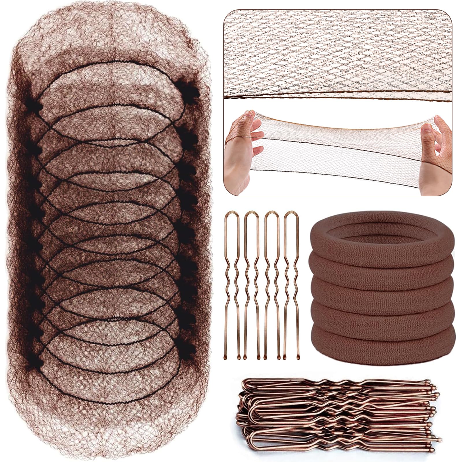 Hair Net, MORGLES 30PCS Hair Nets for Buns with 30PCS U Shaped Hair Pins, Hair Bun Nets Brown Invisible for Women Men