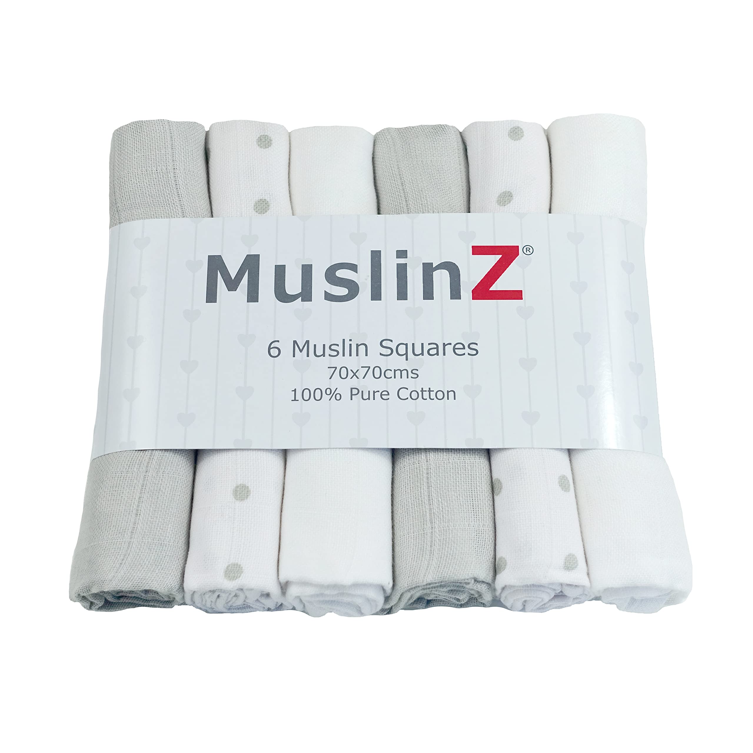 MuslinZ- 6 pack Muslin Squares Baby Burp Cloths 70x70cms Perfect for Newborns, multi-use, Oeko-Tex standard 100, UK brand. (Grey Combo, 6 Pack)