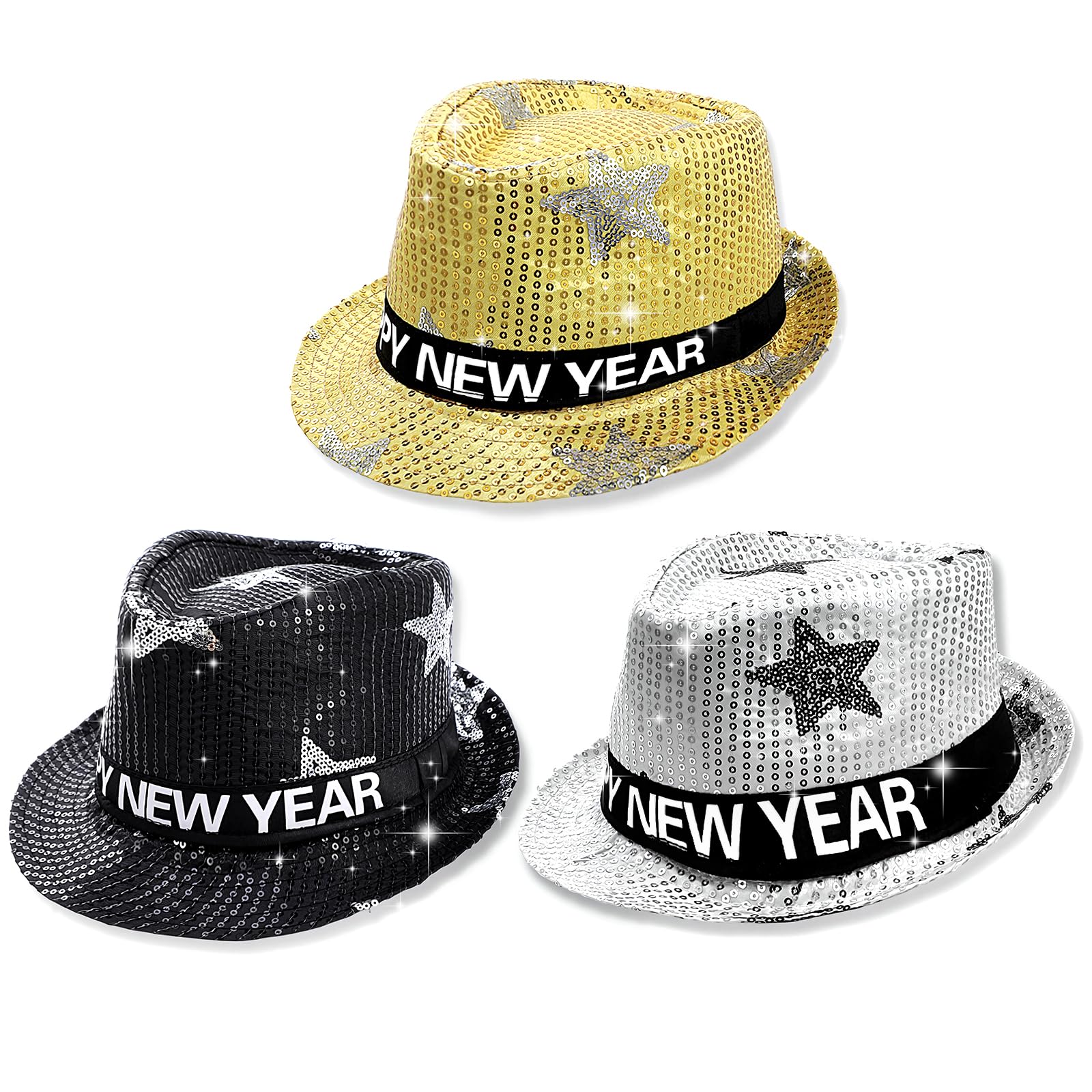HOWAF 3PCS New Years Eve Party Accessories 2026, Happy New Year Hats with Shiny Sequins, NYE Party Hats for NYE Party Decorations 2026, Black Gold & Silver