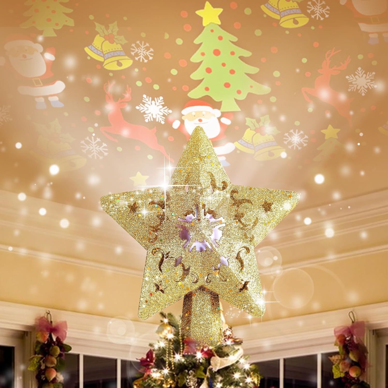 Photo 1 of Christmas Tree Topper Star Christmas Tree Topper Lighted with 3D Glitter Gold Star Christmas Tree Topper Plug in Christmas Projector Lights for Christmas Tree Decorations (Gold-Santa Claus)