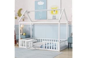 Aoowow Twin Size Floor Bed Twin House Bed Frame with Door and Fence, Wooden Montessori Floor Bed Kids Playhouse for Boys Girls for Bedroom,Twin-White