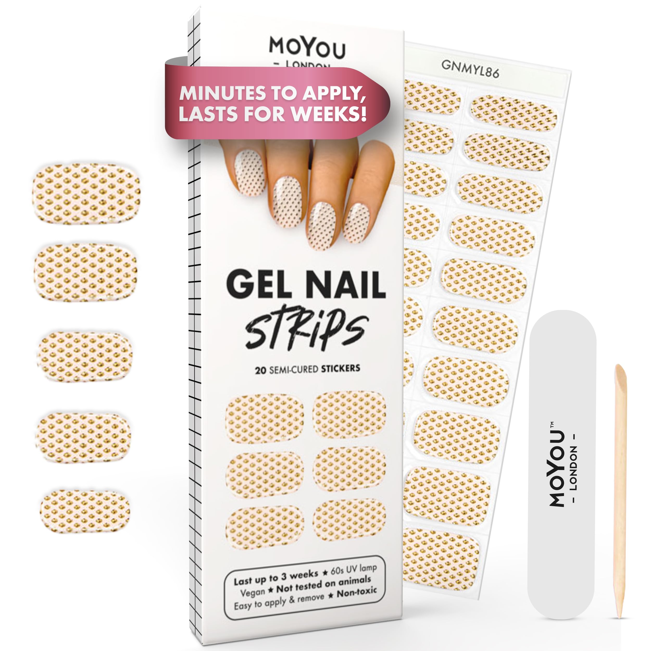 MOYOU LONDON Semi Cured Gel Nail Strips - 20 Pcs. Waterproof Gel Nail Wraps, Cures in Sunlight or UV/LED Lamp, Lasts Up to 2+ Weeks, Stretchable, Easy to Apply & Remove, Vegan & Cruelty-Free