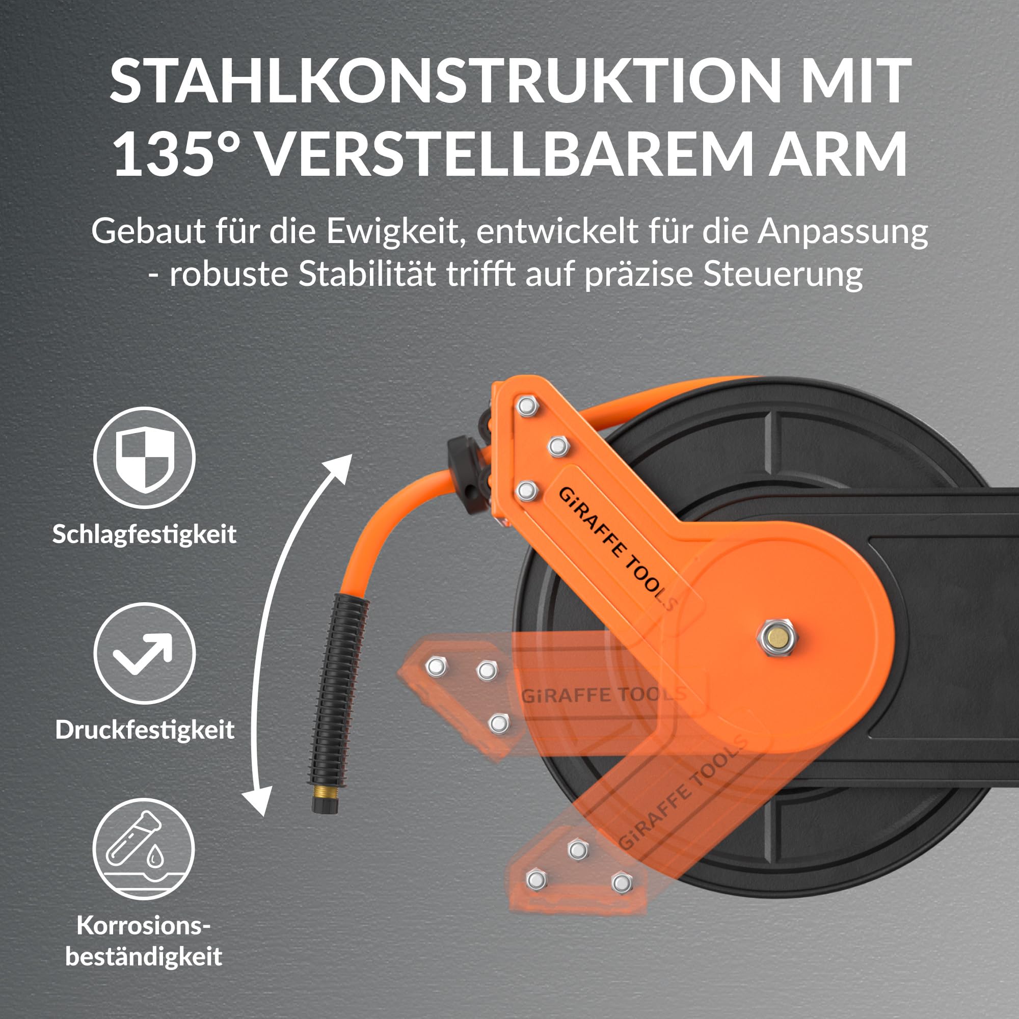Giraffe Tools Automatik Druckluftschlauchtrommel 15M-Robuster Aufroller mit 1/4" Anschluss&3/8" Schlauch (Ø9,5mm) max 300PSI für Werkstatt und Garage-Plus Version mit 180°Schwenkbracket und Zubehörset 6