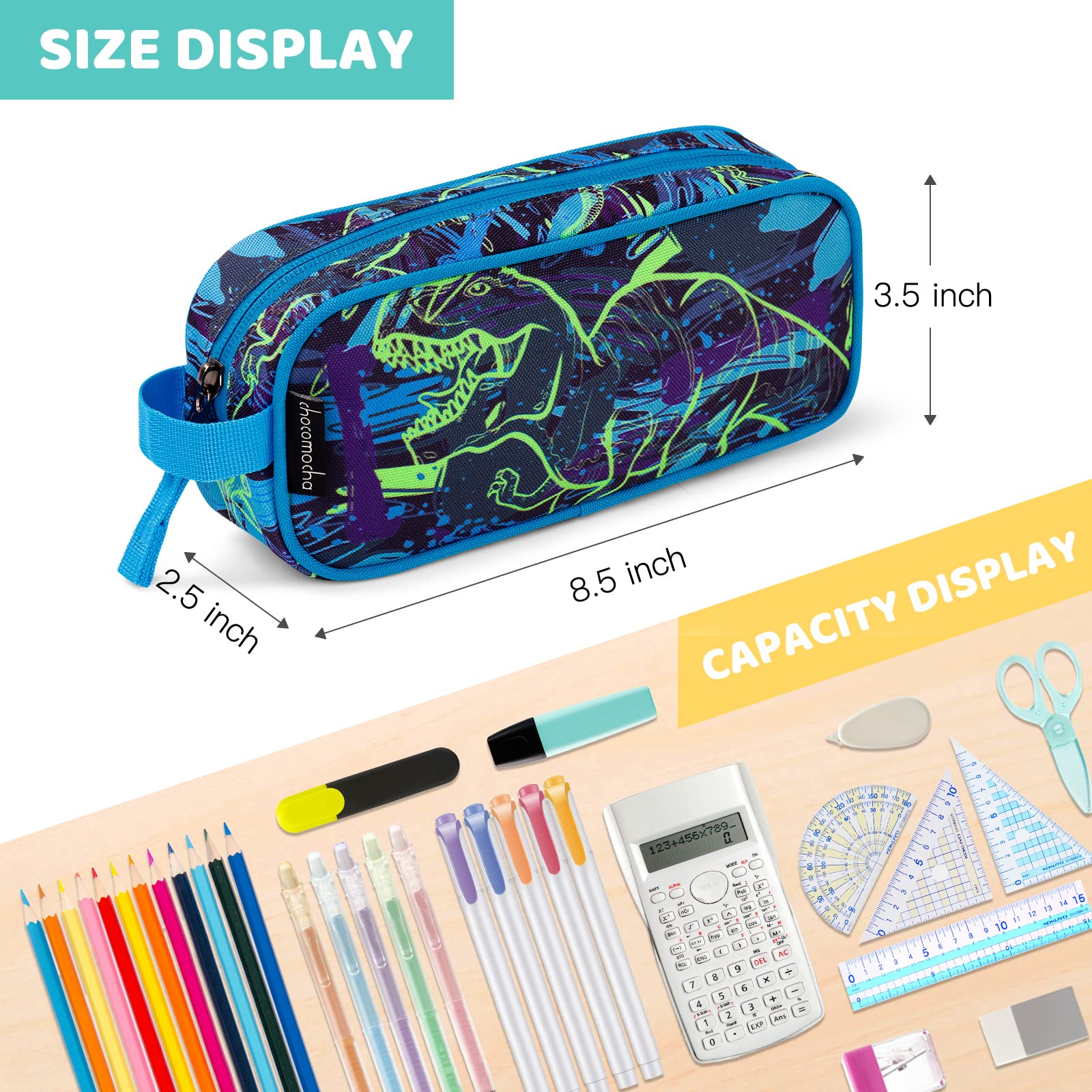 Choco Mocha Kids Pencil Case for Boys, Soft Zipper Pencil Pouch for Boys, Kids Pencil Case for School Dinosaur Pencil Bag for Toddler Boy, Navy Blue