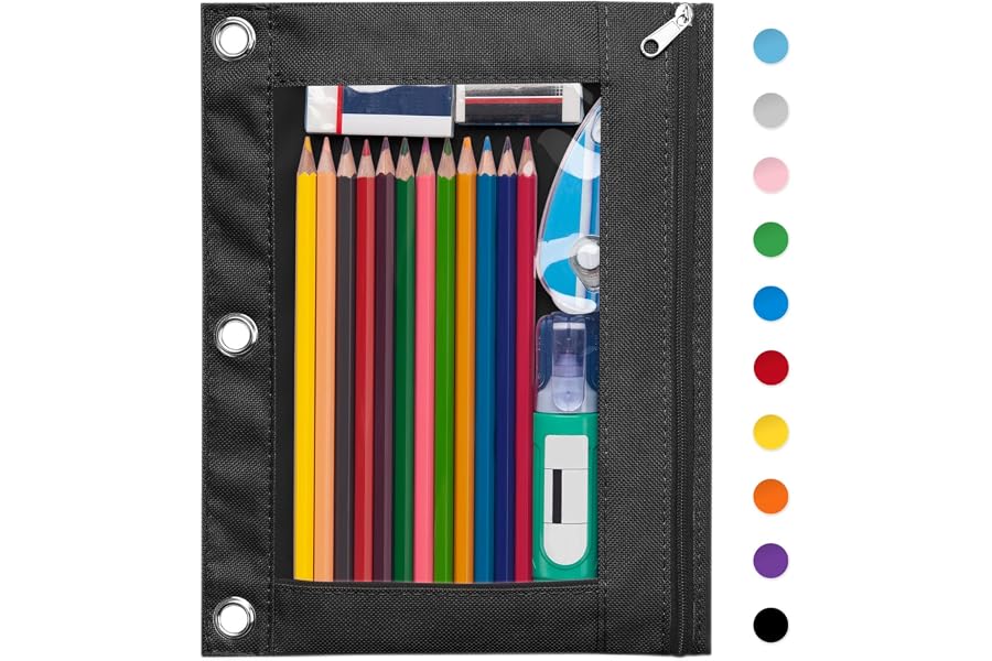 Forvencer Pencil Pouch for 3 Ring Binder, Large Pencil Case Pouch Binder | Zipper Pencil Pouch Pencil Bag with 3 Reinforced Grommets, Pen Bag, Clear Window Pencil Case, Binder Pencil Pouch Box, Black