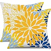 DFXSZ Yellow Blue Flower Pillow Covers 18x18 Inch Set of 2 White Gray Colored Throw Pillows Outdoor Waterproof Decor for Living Room Sofa Patio Funiture Garden Floral Polyester Pillow Covers 002J18