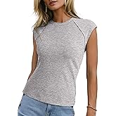 Sidefeel Womens Tops Casual Crewneck Cap Sleeve Tops Ribbed Raw Hem Summer T Shirts Slim Fit Basic Tees Blouses