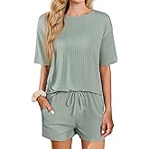 Ekouaer Short Sleeve Pajamas Set Ribbed Knit Lounge Sets for Women Pjs Shorts Set Two Piece Shorts Outfits Set
