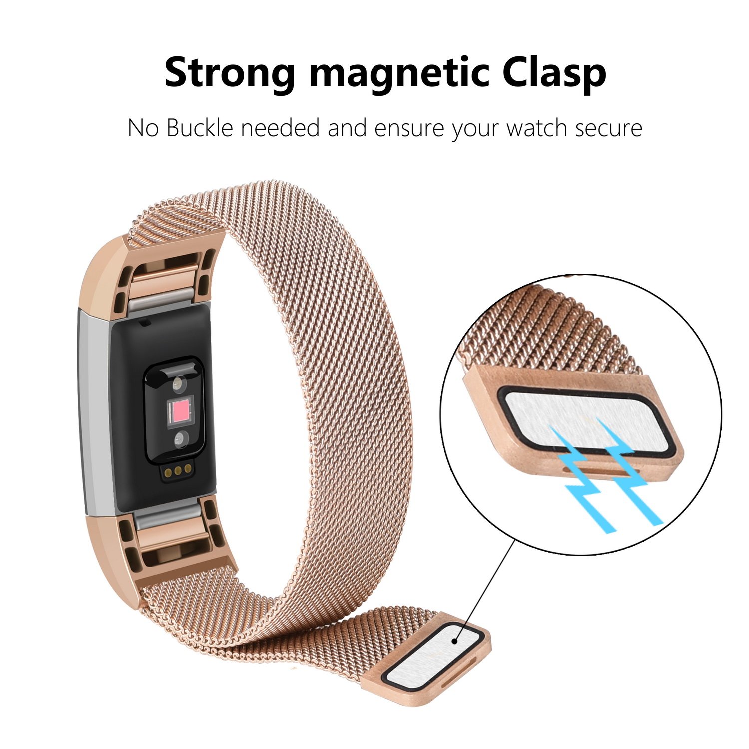 Fitbit Charge 2 Replacement Band, MeanLove Stainless Steel Bracelet Wristband Magnetic Absorbing Band for Fitbit Charge 2 (Pink, L (6.7\