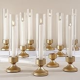 Hurricane Glass Candle Holders, Set of 10 Metal Taper Candlesrick Holders for Centerpieces Tall Gold Candle Stands Bulk with Glass Cylinder for Wedding Birthday Party Table Decor