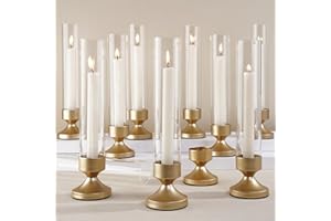 ASHELYULLA Hurricane Glass Candle Holders, Set of 10 Metal Taper Candlesrick Holders for Centerpieces Tall Gold Candle Stands Bulk with Glass Cylinder for Wedding Birthday Party Table Decor
