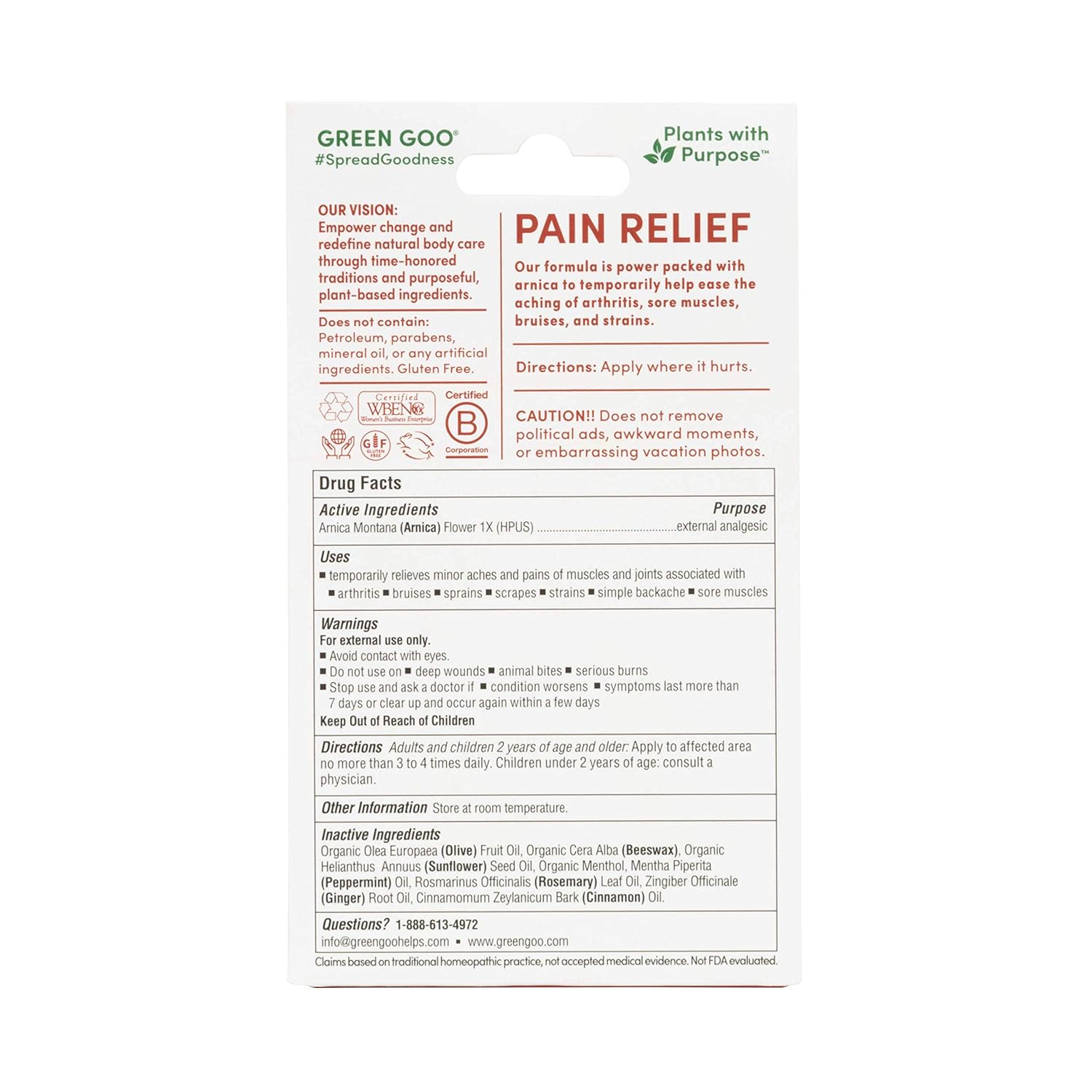 Green Goo Natural Skin Care for Inflammation, Joint Pain, Sore Muscles, Bruises, Pain Relief with Arnica, Large Tin, 1.82 Ounce (Packaging May Vary) : Beauty