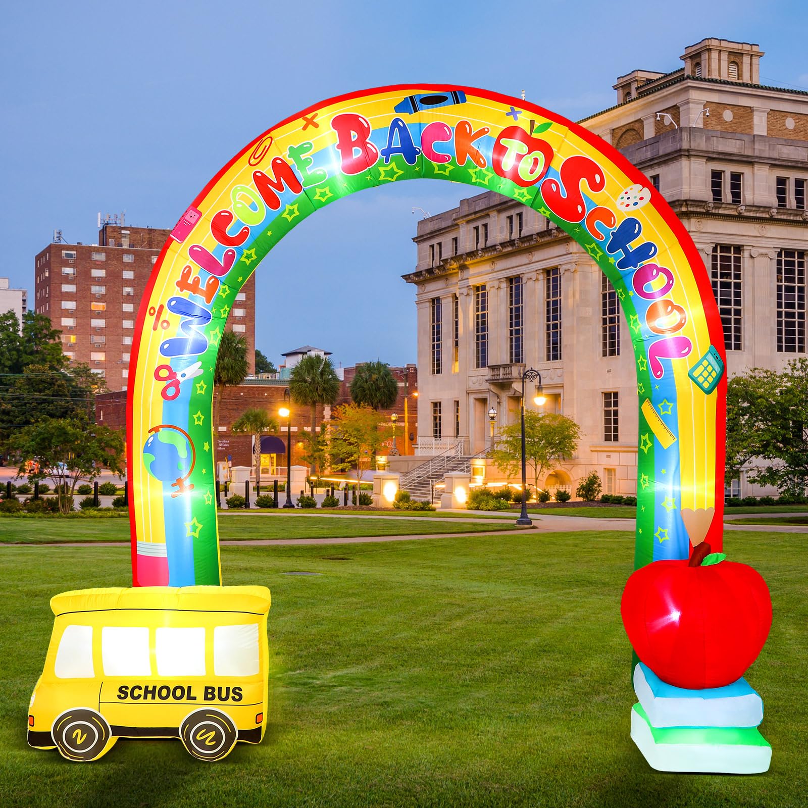 Photo 1 of Shappy 9ft Welcome Back to School Inflatables Arch Outdoor Decoration 2025 with LED Lights for First Day of School Party Lawn Yard Kindergarten Preschool Graduation Decor(Rainbow with Bus)