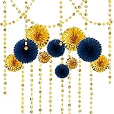 Cheerland Navy Blue and Gold Decorations New Years Eve Party Decorations Milestone Garland Graduation Backdrop Birthday Navy Gold Paper Fans Hanging Streamers Baby Shower NYE Party Supplies 14 Pcs