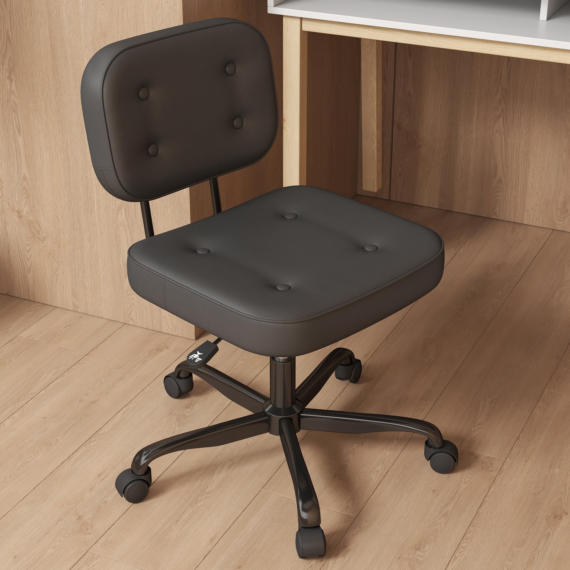 AnyGod Schreibtischstuhl ohne Armlehne für Home Office, Kompakter Drehstuhl mit Rollen & Höhenverstellbar, Ergonomischer Computerstuhl für kleine Räume, Arbeitszimmer & Schminktisch, PU-Leder Schwarz 2