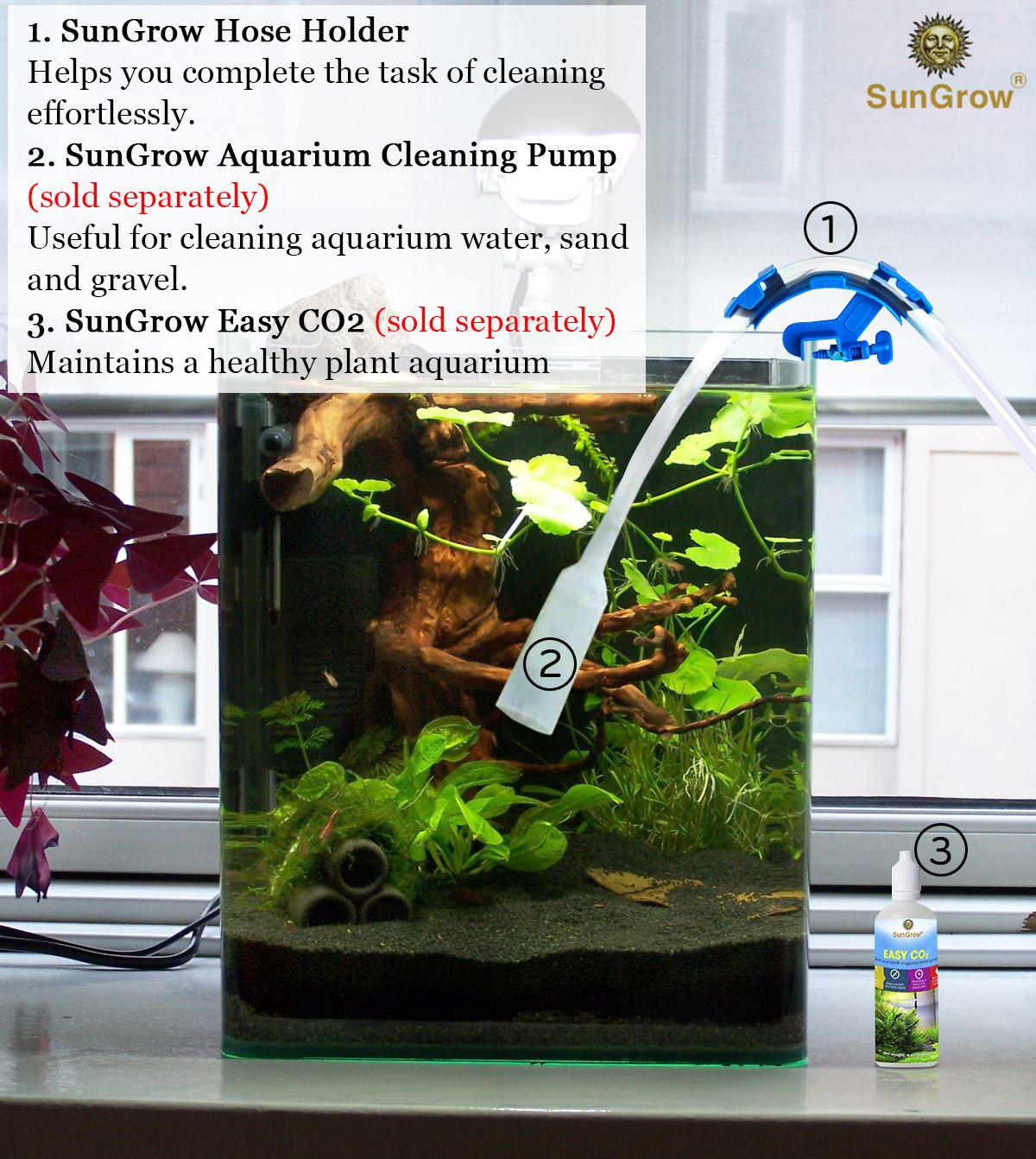 SunGrow Hose Holder: Strong durable plastic: Firmly holds the pipe in place no slipping: Attaches to aquarium wall with a vice: Easily clean or change water with this holder