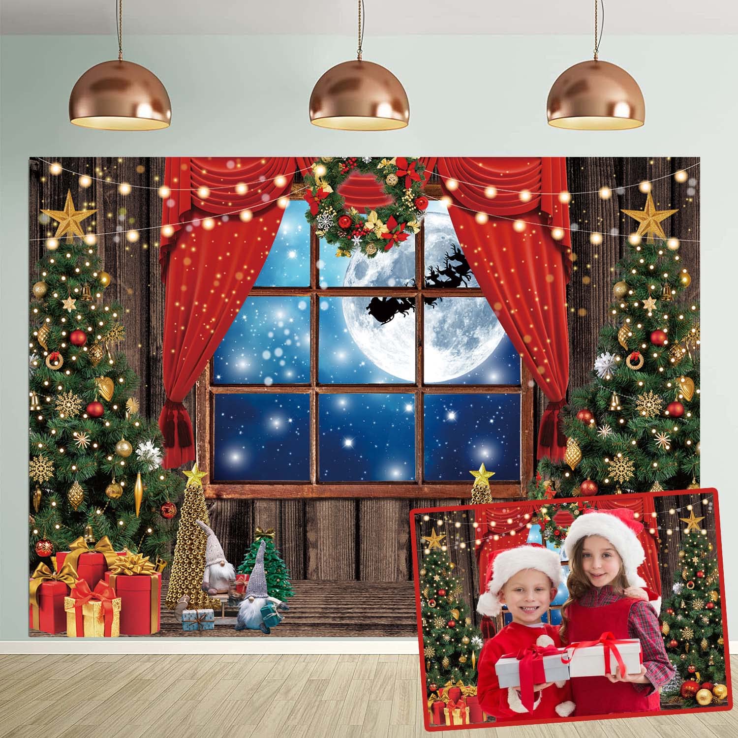 Christmas Window Photography Backdrop Christmas Tree Gift Rustic Wooden Window Full Moon Night Background Baby Kids Family Party Decoration Banner Photo Background (8X6FT(240X180CM))