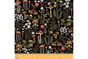 Castle Fairy Cute Mushroon Fabric by The Yard Wild Flowers Jungle Plants Decor for Kids Teens Adults Natural Moth Snail Rusti