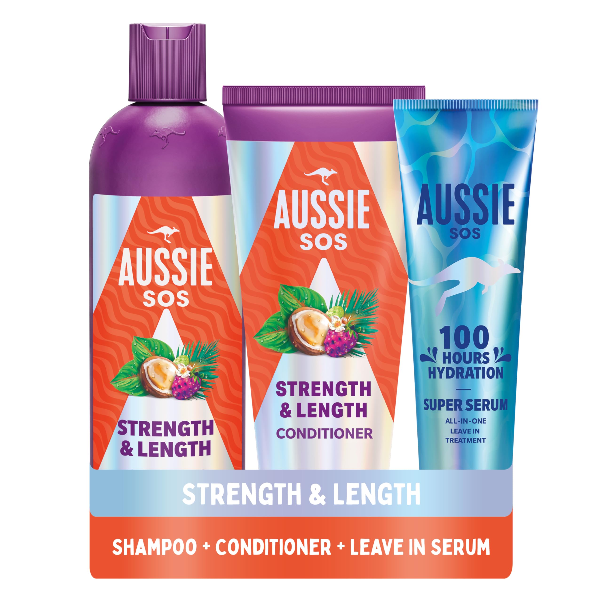 Aussie Strength & Length Shampoo, Conditioner & Super Serum Leave in Treatment Set (pack of 3). Hydrate & Strengthen Long, Dry, Damaged Hair. Smooth, Soften, Detangle, Prevent Split Ends & Boost Shine