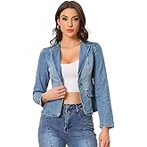 Allegra K Womens Jean Jacket Collarless Long Sleeve One Button Lightweight Denim Blazer Cropped Denim Jacket