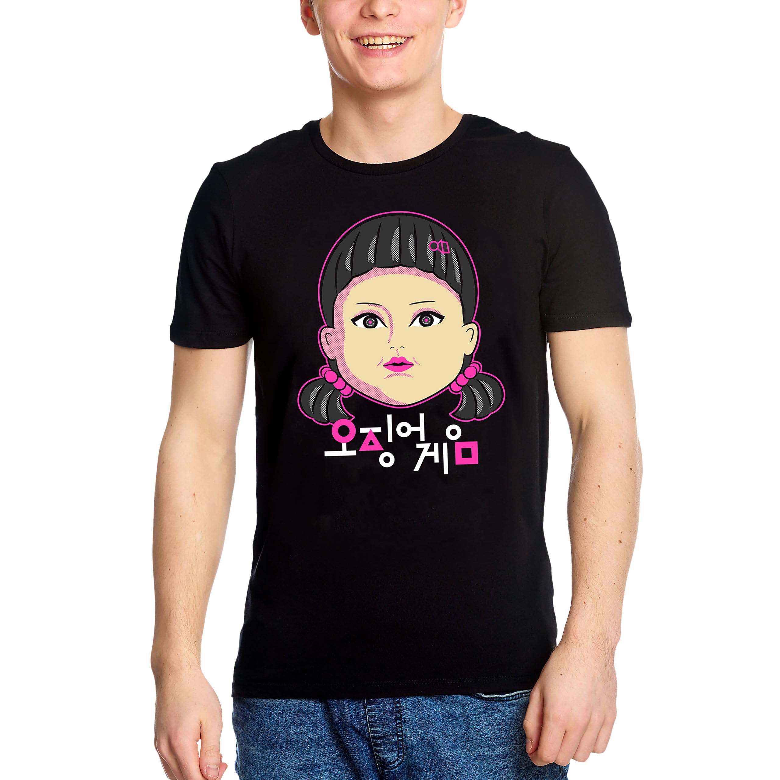 Elbenwald T-Shirt with Young-HEE Doll Motiv - for Men Women Unisex - Cotton - for Squid-Game Fans - Black - M